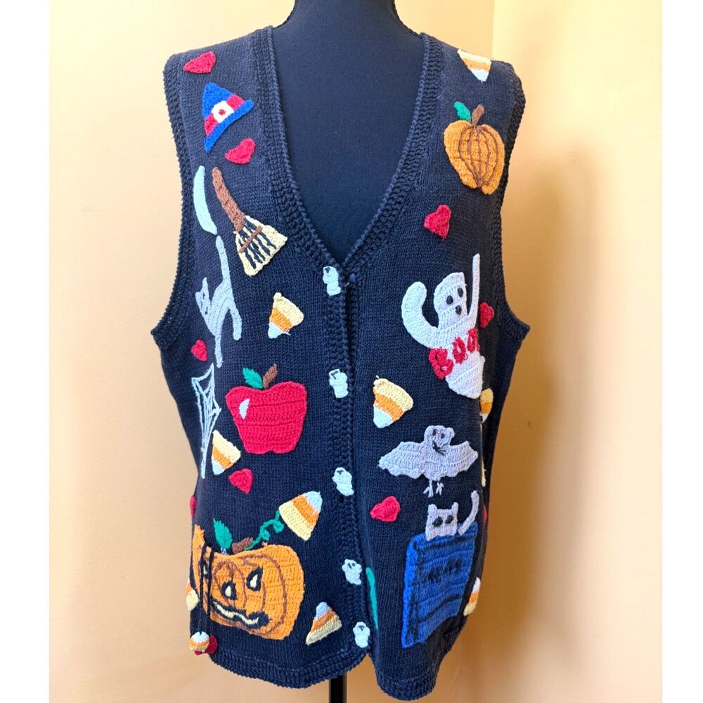 Vintage 90s Eagle's Eye Halloween Candy Corn Ghost Hand Knit Sweater Vest Large